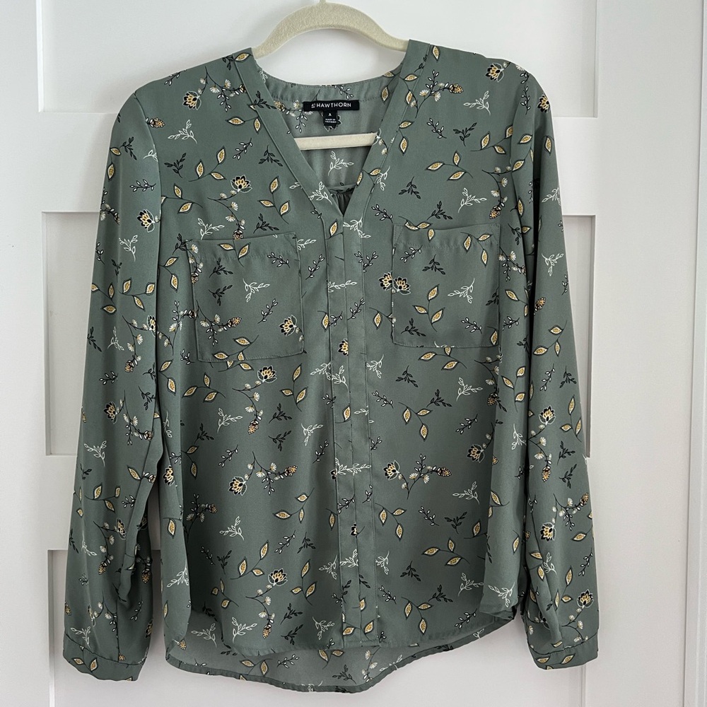 41 Hawthorn Green Floral/Leaf Print Mandarin Collar Blouse